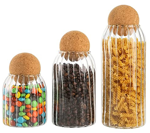 3 Pcs Glass Storage Containers with Ball Cork,URMAGIC Clear Striped Glass Jar with Airtight Cork Lid,500/7000/1000ml Food Storage Jar,Bottle Canister Jar,Decorative Food Organizer(3 Pcs)