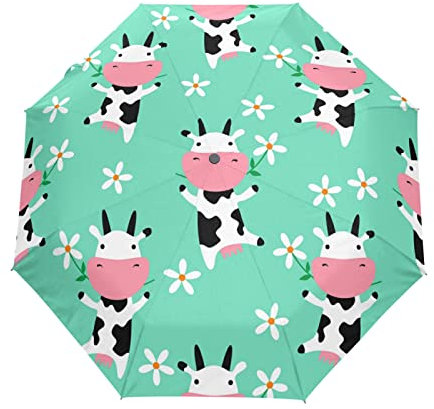Regenschirm Niedliche Blume Kuh Tier Winddicht 3 Falten Regenschirm Auto Öffnen Schließen für Frauen Männer Mädchen Jungen Unisex Ultraleicht Outdoor Reise Kompakter Regenschirm