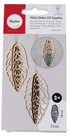 Rayher 3D-Zapfen aus Holz, FSC zertifiziert, natur, 2 Stück, 10 cm, 4-teiliges Holz-Set + Kordel, Weihnachtsdekoration, Christbaumschmuck, Dekohänger Weihnachten, 46669505