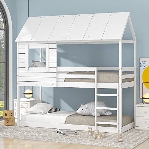 ZYLOYAL10 Kinderbett Holz Etagenbett 90 X 200 cm, Kinder hausbett mit Dach, Leiter und Lattenrost Eichenfarbe (Weiß)