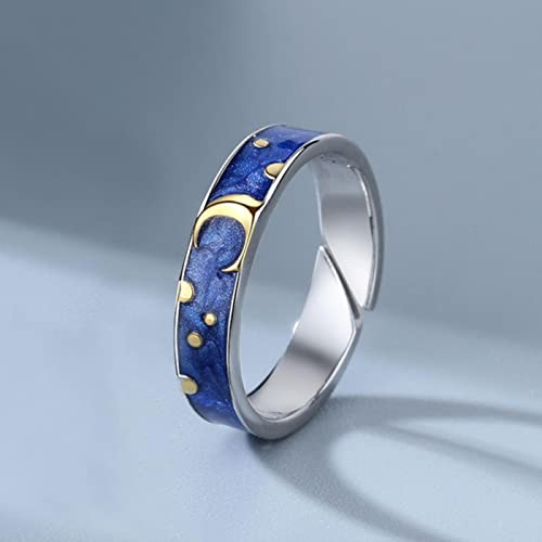 MAYIYAHO CSilver Farbe Sonne Mond Ringe für Frauen Männer Persönlichkeit Van Gogh Sternenhimmel Epoxy Verstellbarer Ring Paar Schmuck