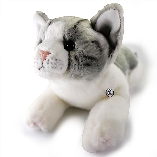 Kuscheltiere.biz Katze Kuscheltier grau-weiß Plüschtier Plüschkatze liegend MIZI