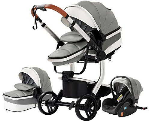 Magic ZC PU-Leder Kinderwagen 3 in 1, Kinderwagen Set Umkehrbarem Doppelschiebemodus, Kombikinderwagen 3 in 1 Großer Bequemer Babywanne, Buggy Rahmen Aluminiumlegierung Faltbar (518 Grey)