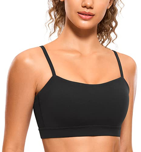 CRZ YOGA Butterluxe Womens Adjustable Spaghetti Thin Strap Sports Bra - Padded Wireless Square Neck Workout Yoga Clothes Black Medium