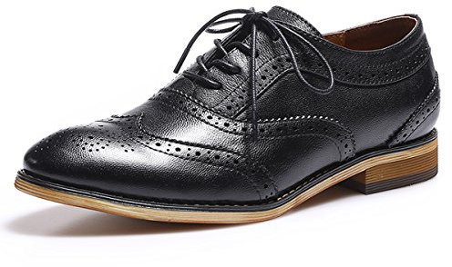 Mona flying Damen Leder Wingtip Brogues Lace Up Derby Oxfords Mandelzehe Formal Schnürschuhe,Schwarz,39 EU
