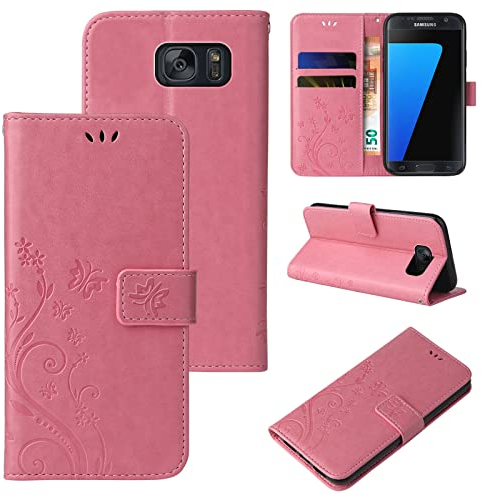 LBH Handy Hülle für Samsung Galaxy S7 Case Handytasche Schmetterling Blumen Flower Standfunktion Schutzhülle Magnet Rundum Schutz 360 Grad Flipcase Cover Rosegold