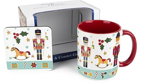 Nutcracker Mug & Coaster Gift Set - Christmas Festive Rocking Horses Gift Red Ceramic Cup and Cork Coaster Set - Tea/Coffee Present