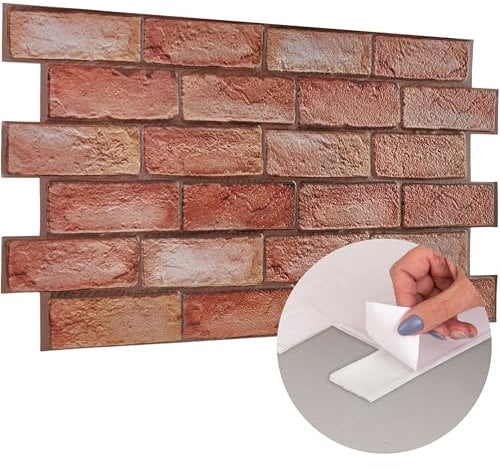 Self Adhesive 3D Wall Panels with Faux Brick Effect - Pack of 20 pcs Covers 99.2sqft (9.2sqm) - Stick On PVC Decorative Cladding 37.79x18.89 in (96x48cm) for Interior Wall Covering - Rustic Red Brown