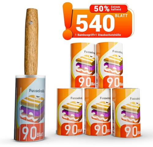 LILA SCHMETTERLING Bambusfusselrolle 540 Blatt Extrem haftend, 6Rollen mit je 90 Blatt+1Bambusgriff+1Staubschutzhülle, ideal für Kleidung, Auto, Sofa