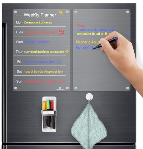 FUNYKICH 2pcs Wochenplaner Abwischbar Acryl Magnettafel Kühlschrank Magnetisch Familienplaner Kalender Planungstafeln Menütafel Memoboard mit 6pcs Marker für Kühlschrank (33x23cm)