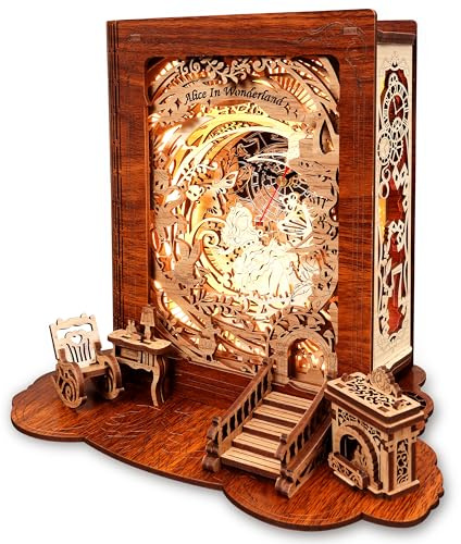 FUNPOLA Alice in Wonderland LED 3D Puzzle Nightlight - DIY Book Lamp with Clock - 3D Wood Puzzles Nightlight Home Décor for Kids and Adults