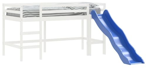 vidaXL Kinderhochbett, Hochbett mit Leiter Rutsche, Spielbett Bett für Kinder ab 6 Jahren, Kinderbett Etagenbett Stockbett, Weiß 90x200cm Massivholz Kiefer