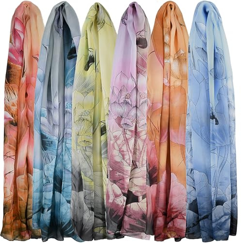 ROLVNHTV 6 Pieces Summer Scarves for Women Lightweight Ultra Thin Silk Sunscreen Head Scarf Gorgeous Floral Pattern Dressy Scarf Lotus Print Chiffon Scarves for Ladies