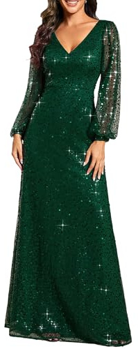 Ever-Pretty Elegantes Damenkleid mit V-Ausschnitt, A-Linie, bodenlang, Lange Ärmel, glitzernde Pailletten, formelles Kleid 01999