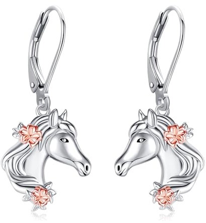 Pferde-Ohrringe Sterlingsilber Pferdekopf-Blume Baumelnde Ohrringe Pferdetier-Schmuck Geschenke für Frauen und Mädchen
