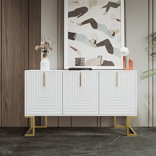 KecDuey Sideboard, Modernes 3-türiges Kommode mit verstellbaren Regalen, U-förmigen Schranktüren und Metallgriffen und Sockel für Esszimmer und Küche und Flur (Weiß)