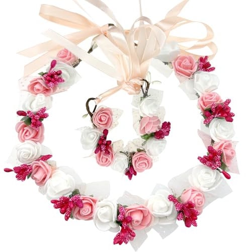 2 PCS Faux Wreath Headdress Wrist Flower Set,Rose Halo Floral Headband,Bridal Wrist Flower,Adjustable Headwear,Boho with Ribbon Wedding Photo Props for Princess Girls
