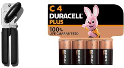 OXO Good Grips Soft Handled Tin Opener & Duracell Plus C Batteries (4 Pack) - Alkaline 1.5V - 100% Life Guaranteed - Reliability for Everyday Devices - 0% Plastic Packaging - 10 Year Storage - MN1400