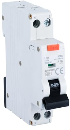 Fi, interruptor FI/LS 30 mA, interruptor diferencial, 1P+N-C16 disyuntor con RCBO 16 Amp corriente nominal interruptor protegido por RCD, 230 V, tipo A, montaje en carril DIN, curva C