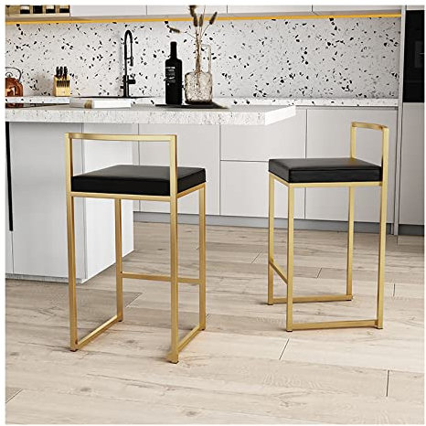 AJYBYUKJ Barhocker, Barhocker-Set mit 2 Frühstücksbarstühlen aus schwarzem PU-Leder mit Goldener Rückenlehne und Beinen aus Metall, 2 hohe Barhocker für die Küchentheke Beauty Comes