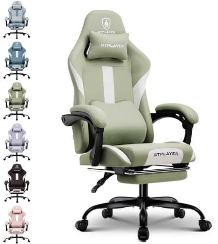 GTPLAYER Fabric Gaming Chair, Ergonomic Computer Chair with Footrest Lumbar Support Heavy Duty High Back Adjustable Height Svivel Office Desk Chair (Green)