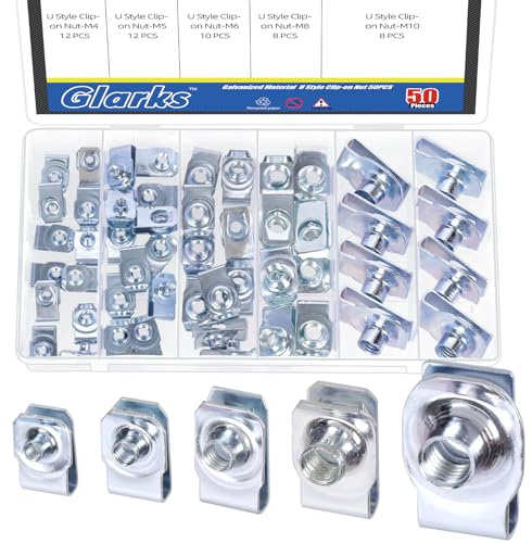 Glarks 50pcs M4 M5 M6 M8 M10 U-Style Clip-On Nuts Set, Carbon Steel Thread Clip Nut, U Nuts Clamp Set, U-Shaped Nut, Automotive U-Clips for Engine, Fender, Bumper, Dash, Interior Trim Panels