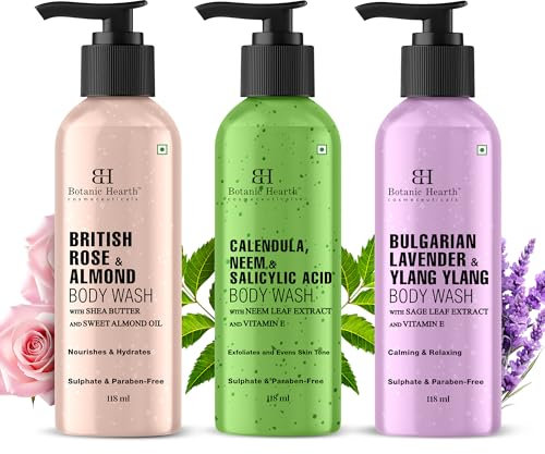 Botanic Hearth Relax and Renew shower set | Pack of 3 of Body Wash (British Rose,Lavender, Calendula Neem) 2 fl oz each