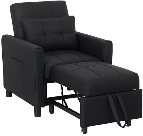 HOMCOM Compact Single Chair Bed, Pull Out Bed, Convertible Sleeper Chair with Adjustable Backrest, Pillow, Side Pockets for Home Office, Bedroom, Living Room, Black