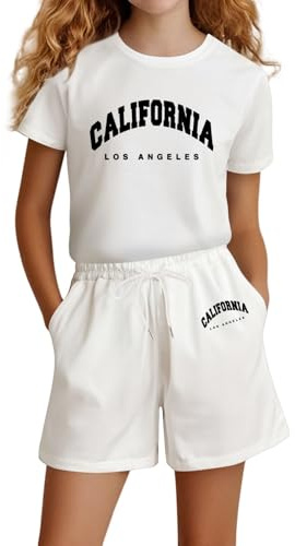 T-Shirt e Pantaloncini Bambine Ragazze 2 Pezzi Estivo Tuta Corti Comodo Tute da Ginnastica Jogging Fitness Tuta da Sportivo in Cotone Abbigliamento da Bambina per il Tempo (01-White, 11-12 Years)