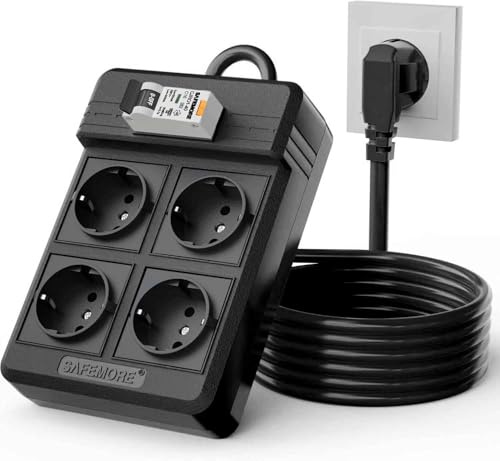 SAFEMORE Presa Multipla con Interruttore Salvavita Integrato, 4 Prese con Protezione RCD 16A/250V, Ciabatta Salvavita 4000W con Cavo di Prolunga da 3m e Interruttore Differenziale 30mA RCBO, (Nero)