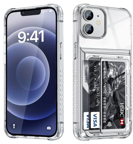 Vunake Klar für iPhone 12 hülle mit Kartenfach Wallet [Max. 4 Karten] Handyhülle iPhone 12 Thin Transparent TPU Kartenfach Stoßfest Handy Hülle iPhone 12 Pro Hülle 6,1 Zoll,Anti-Yellowing
