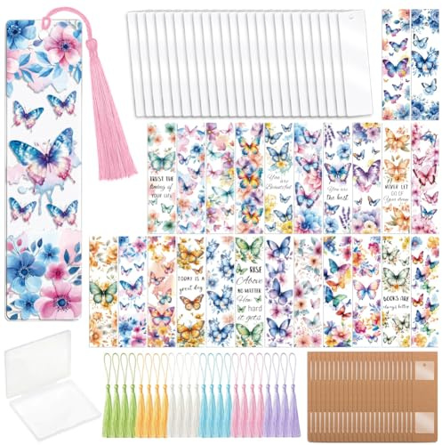 peacoblue Acryl Lesezeichen Bastelset, Schmetterling & Blumen Bookmarks Set | 121-teiliges DIY Set mit UV DTF Folien,Wasserfeste Lesezeichen Herstellung für Lesen,Schule,Klassenaktivitäten
