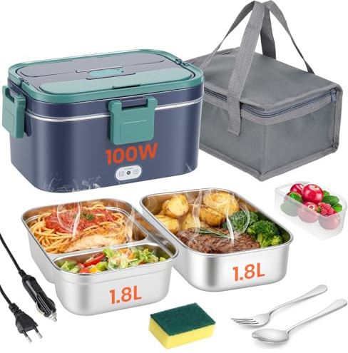 Elektrische Lunchbox 100W Heatsbox Thermo Lunchbox Erwachsene Lunch box mit 2 x 1,8L Essensbox, 1 x Obstfächer, Tasche, Edelstahl Gabel & Löffel, Großer Beheizbare Speisenwärmer für Auto LKW Büro Haus