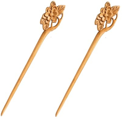 Lot de 2 baguettes à cheveux en bois japonais chinois antique sculpté - Style vintage rétro - Longue fourchette - Épingles à châle - Épingles à cheveux - Accessoires pour cheveux