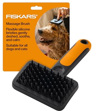 Fiskars Massagebürste für Haustiere, Katzen- und Hundebürste, flexible Silikonborsten & SoftGrip-Griff für sanftes Enthaaren, 16,5 cm, Orange/Schwarz