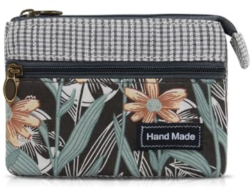 AfitLulu Kleines Portemonnaie Damen Canvas Geldbeutel Damen Klein, 2 Lagen Reißverschlusstaschen Mini Geldbörse Bohème-Stil Mini Portemonnaie für Münzen, Bargeld und Karten (Grau-Blatt)