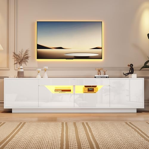 Merax High Gloss TV Stand for up to 75 Inch TV, LED TV Unit with Storage, 2 Doors 2 Drawers 2 Open Shelves, Modern TV Cabinet Entertainment Centre, 180x40x45cm, White