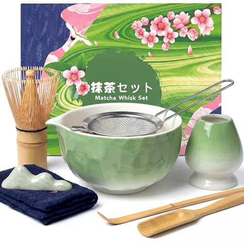 Dazhtu Matcha Kit 8 piezas, Kit Té Matcha Completo Con Cuenco Matcha, Batidor Matcha, Soporte para Batidor, Cuchara, Tamiz, Paño, Kit de Té Matcha Artesanal para Amantes el Matcha, Verde