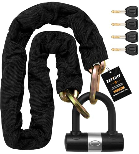 ZEIXIHY Candado de Cadena para Moto 10 mm de Acero Endurecido con Candado en U y 4 Llaves, Cadena Antirrobo para Motocicleta, Bicicleta Eléctrica, Scooter y Bicicleta, 100 cm – Dorado