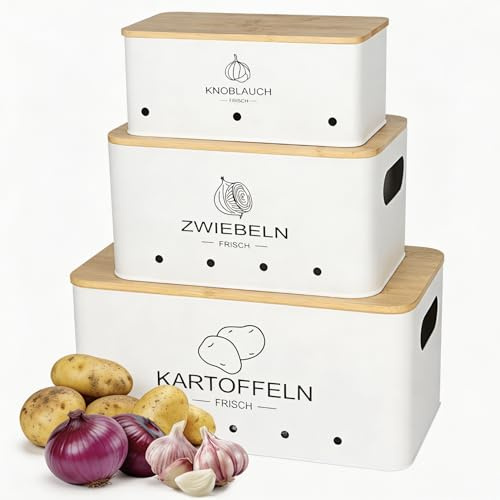 Otauoaea 3er Set Kartoffel Aufbewahrungsbox Weiß - Rechteckiger - Kartoffel Zwiebel Knoblauch Aufbewahrung - Belüfteter Zwiebeltopf & Knoblauchtopf mit Deckel