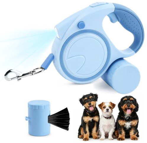 Focenat Hundkoppel 5 m, infällbart hundkoppel för små och medelstora hundar (upp till 25 kg), robust rullkoppel med LED och väskdispenser, enhandsbroms, knutar (blå)