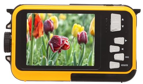 Phefop Cámara Digital Subacuática Full HD 2.7K 48MP, 10 Pies Impermeable Al Agua, Pantallas Duales Delanteras y Traseras, Zoom 16X, Graba Mientras Se Carga, Micrófono Incorporado para (Yellow)