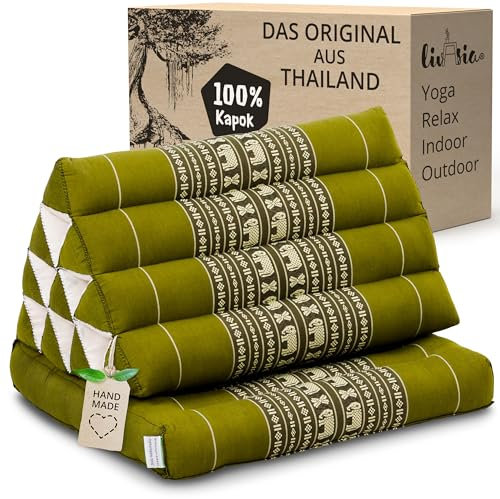 livasia Thaikissen mit 1 Auflage - 75x50x8cm - Dreieckskissen mit Sitzkissen, Keilkissen mit Kapok, Rückenkissen faltbar, Thaimatte zum Klappen, handgefertigt, Meditationskissen (Grün/Elefanten)