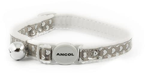 Ancol Reflective Safety Cat Collar in Silver Gloss Hearts - Comfortable Pet Accessory with Break Away Buckle - Kitten Training Walking Neckband