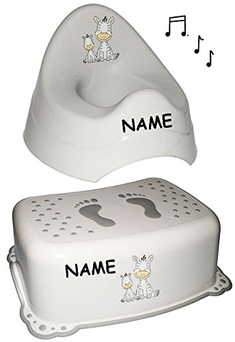 alles-meine.de GmbH Trittschemel + Töpfchen/Nachttopf - mit Musik/Sound - incl.Name - Babytöpfchen/Kindertopf/Lerntöpfchen - Toilettentrainer Klositz WC Sitz Toilettensit..