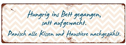 Interluxe METALLSCHILD Blechschild Shabby Vintage Schild HUNGRIG INS Bett GEGANGEN Shabby