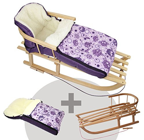 BAMBINIWELT Kombi-Angebot Holz-Schlitten mit Rückenlehne & Zugseil + universaler Winterfußsack (108cm), auch geeignet für Babyschale, Kinderwagen, Buggy, aus Wolle im Eulendesign (Motiv $6)