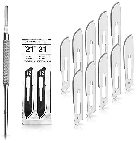 Set avec 10 x lames de scalpel N° 21 - Lame stérile en acier au carbone et 1 x May - manche de scalpel Figure N° 4 avec manche rond en acier inoxydable