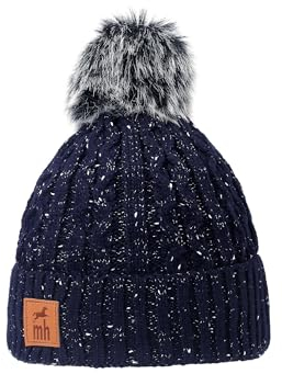 mh michael heinen Damen Strickmütze, Beanie, Fleece Fütterung, mit Bommel, wasserabweisend, dehnbar, angenehm blau OS