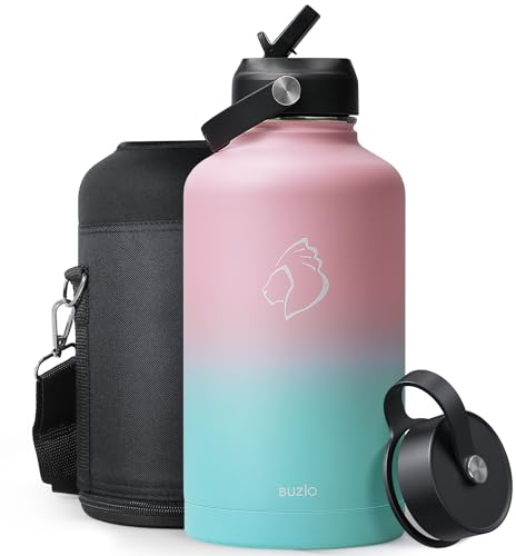 Stainless Steel Water Bottle 2L, BUZIO Insulated Water Bottle with Straw Lid and Flex Cap Keep Cold Hot for Double Wall Wide Mouth BPA Free Leak Proof, Blue&Pink
